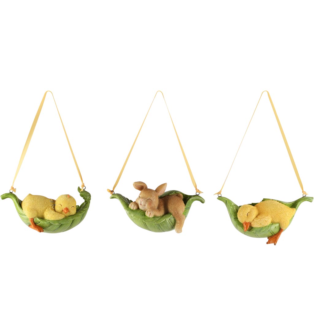 Dekoratief | Hanger kuiken/eendje/konijn, groen, resina, 12x6x6cm, set van 3 stuks | A260702