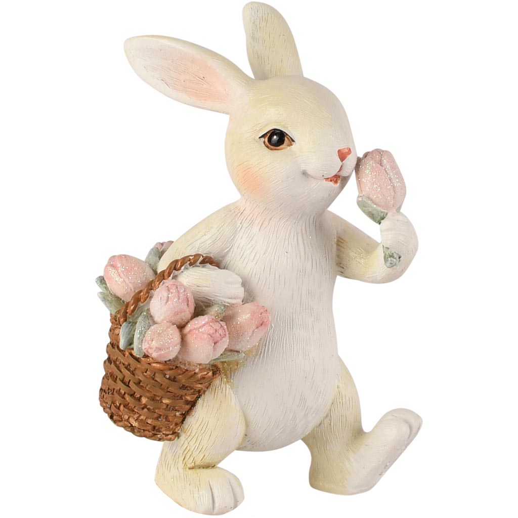 Dekoratief | Bunny m/tulpenmandje, wit/roze, resina, 7x7x11cm | A260685