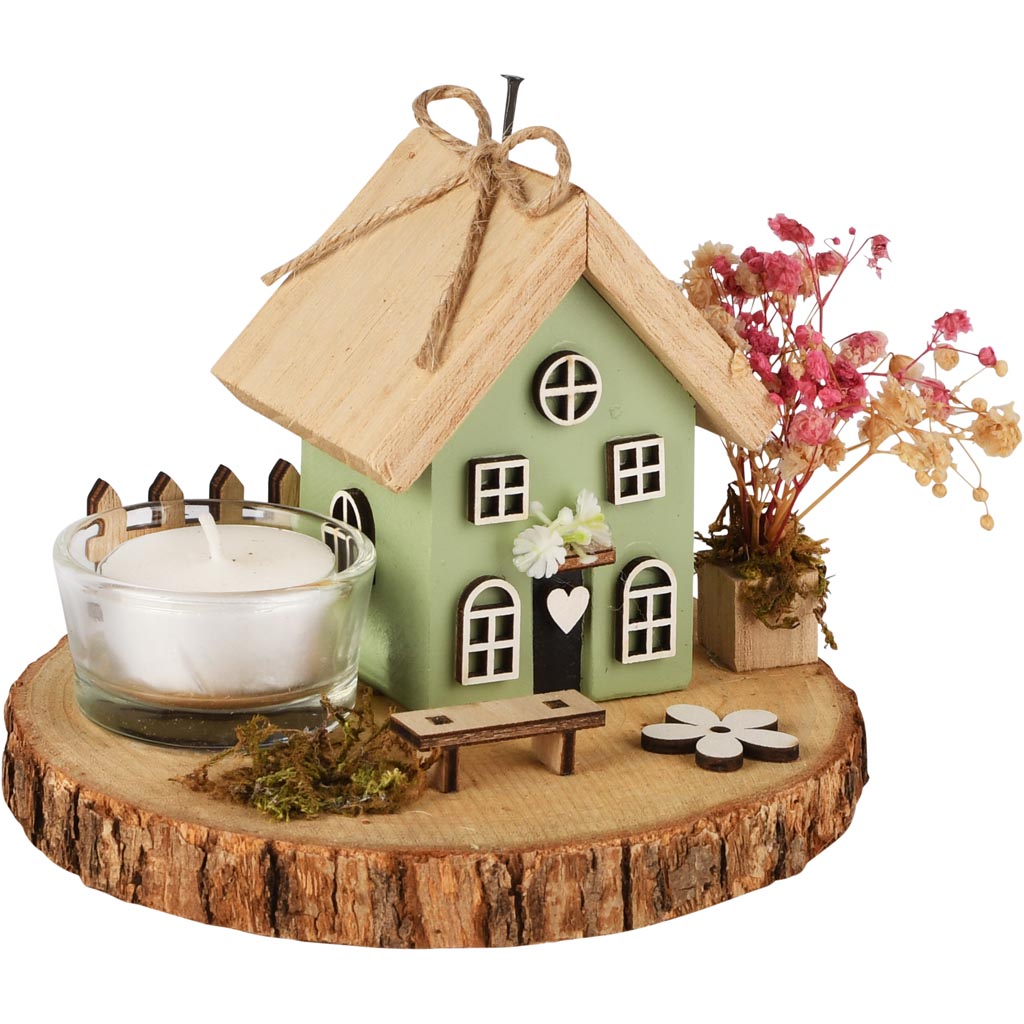 Dekoratief | Tafelstukje m/huisje, naturel/groen, hout/glas, 13x13x12cm | A260647