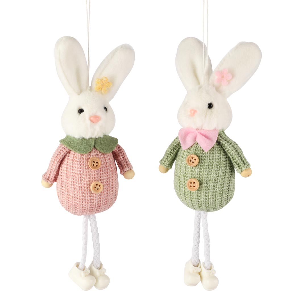 Dekoratief | Hanger bunny, groen/roze/wit, stof, 8x24x5cm, set van 2 stuks | A260637