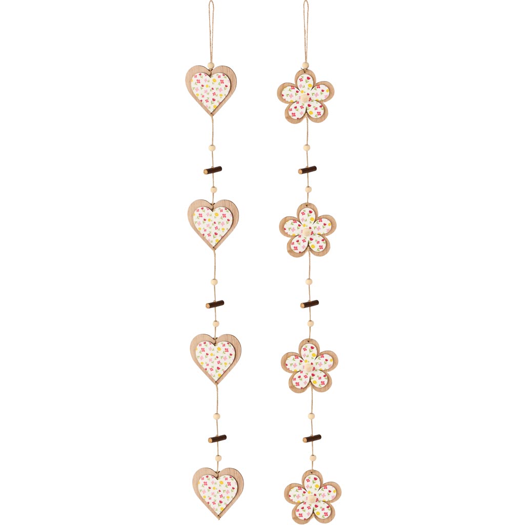 Dekoratief | Slinger m/harten/bloemen, hout, 84x8x1cm, set van 2 stuks | A260632