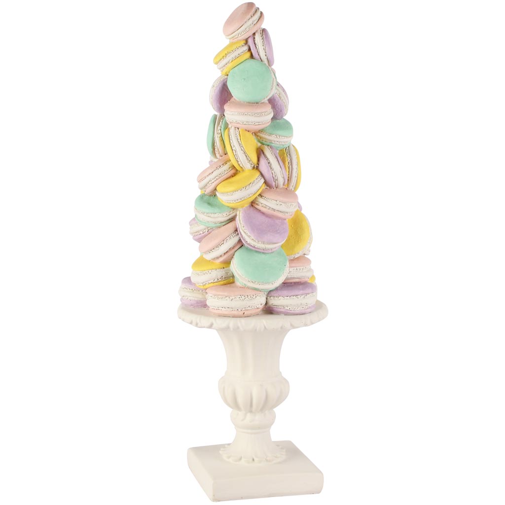 Dekoratief | Kegel vorm op voet m/macarons, wit/roze/blauw, resina, 13x12x39cm | A260602