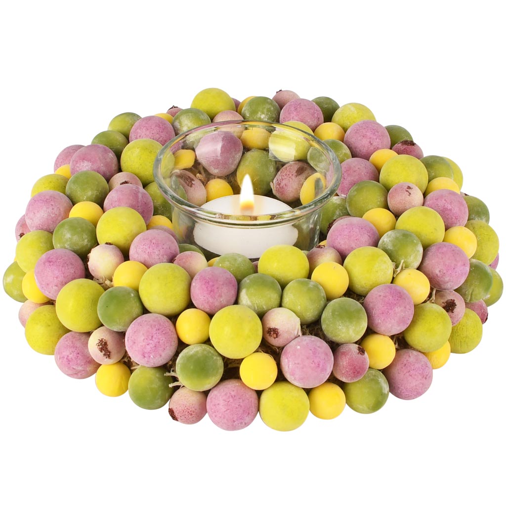 Dekoratief | Tafelstukje m/bessen, geel/groen/lila, pvc/glas, 17x17x5cm | A260836