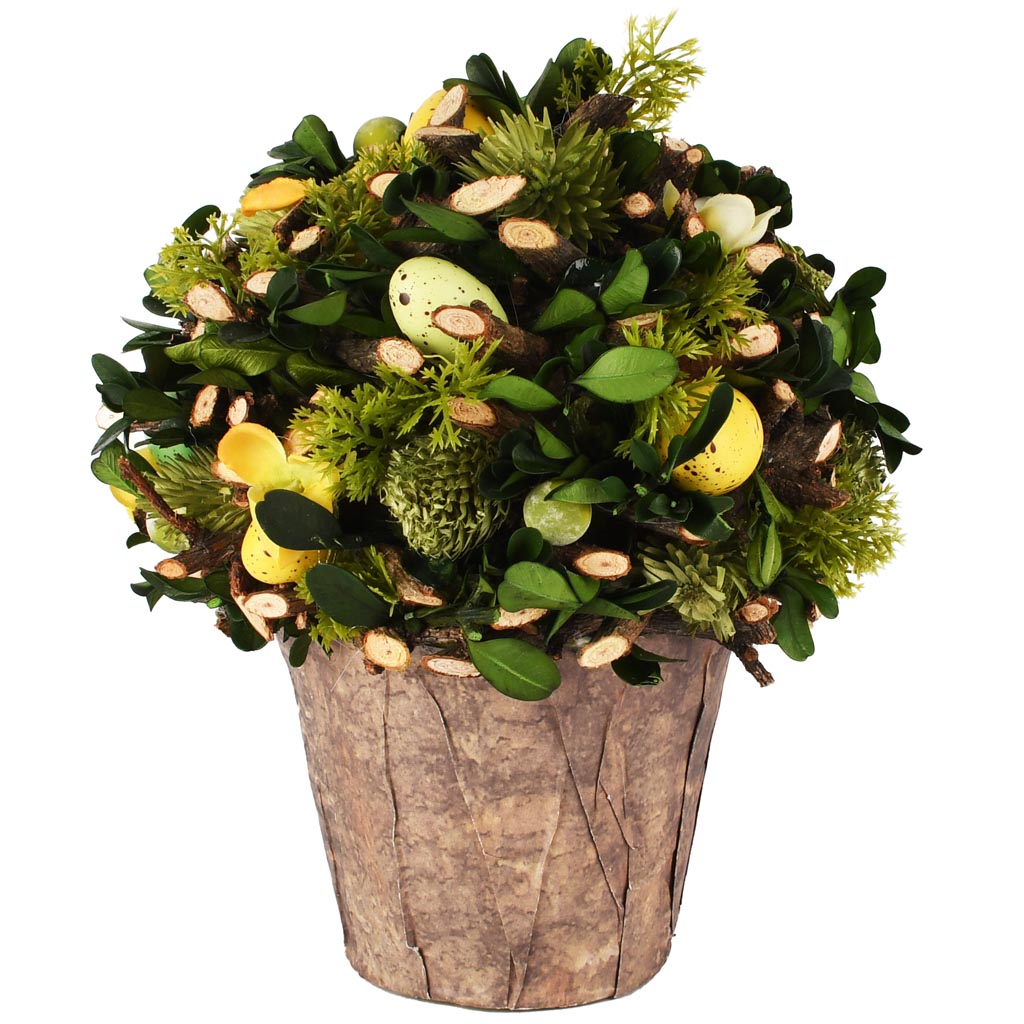 Dekoratief | Bloemstuk m/eitjes/bloemen, groen/geel, pvc, 17x17x22cm | A260832