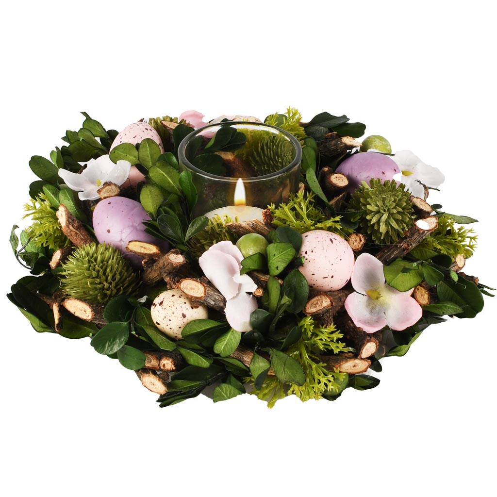 Dekoratief | Tafelstukje m/eitjes/bloemen, groen/roze/wit, pvc/glas, 18x18x6cm | A260826