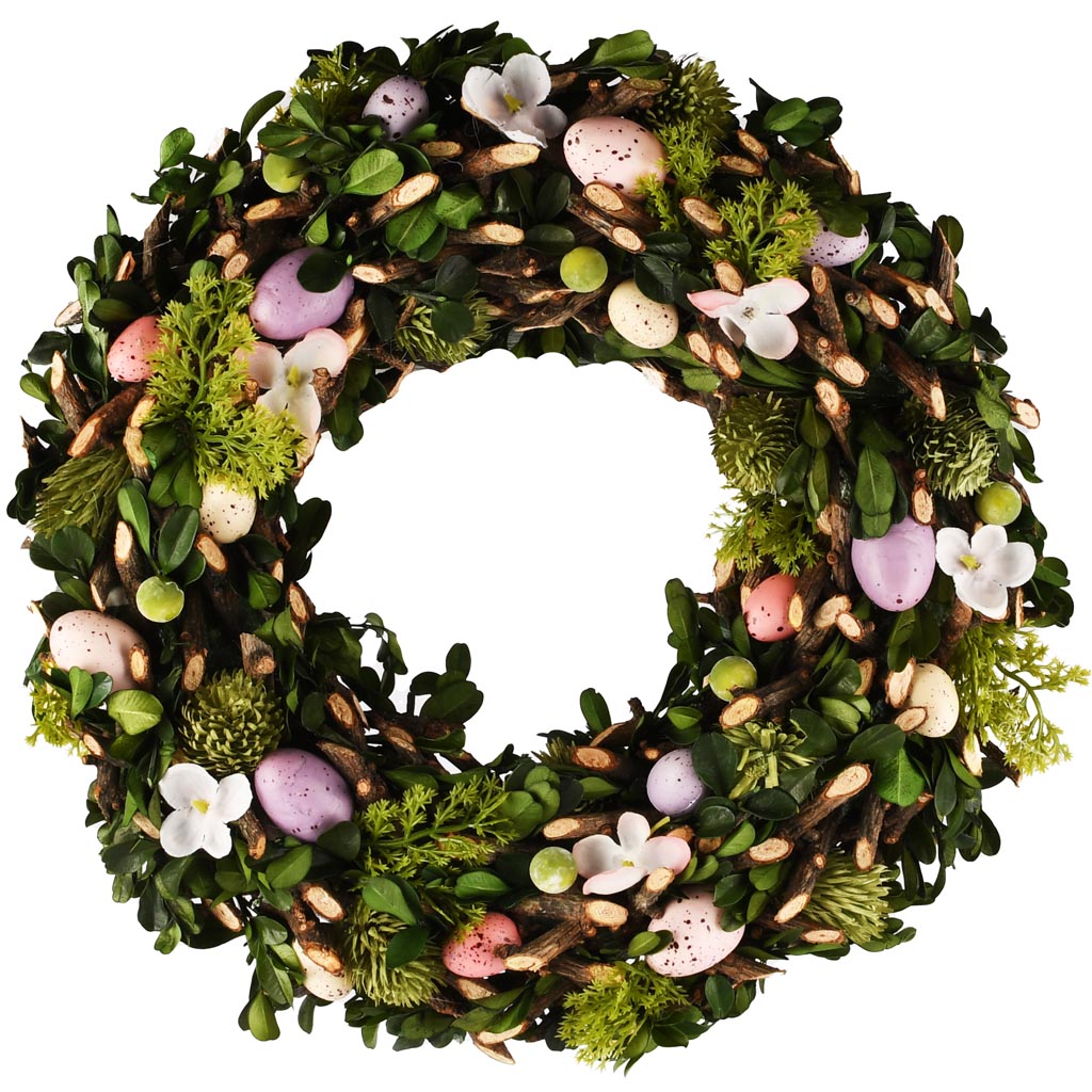 Dekoratief | Krans m/eitjes/bloemen, groen/roze/wit, pvc, 32x32cm | A260825