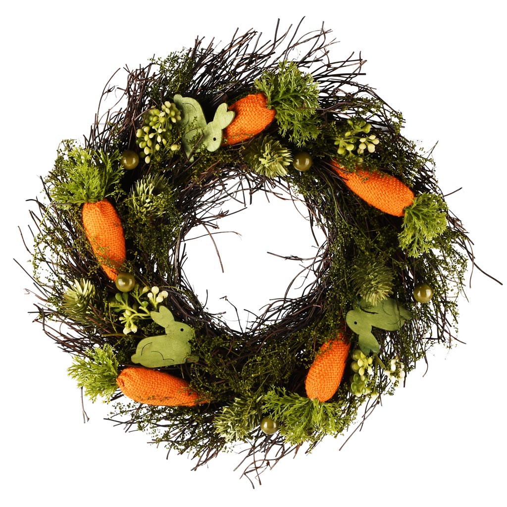 Dekoratief | Krans m/worteltjes/bunny's, groen/oranje, pvc, 32x32cm | A260820