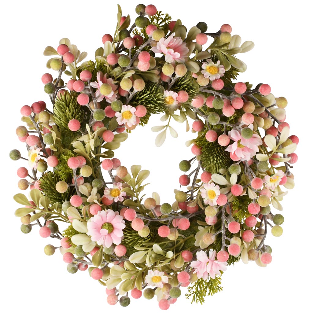 Dekoratief | Krans m/bloemen/bessen, roze/groen, pvc, 31x31cm | A260817