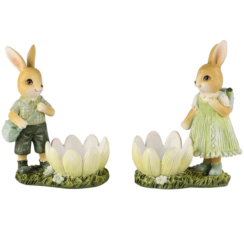 Dekoratief | Eierdopje bunny m/tulp, wit/groen, resina, 9x6x12cm, set van 2 stuks | A260697