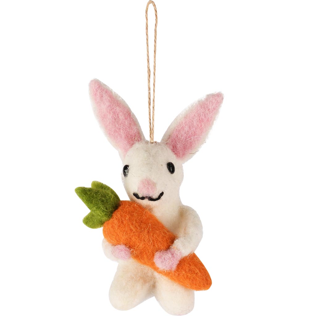 Dekoratief | Hanger bunny m/wortel, wit/oranje, stof, 6x5x10cm | A260074