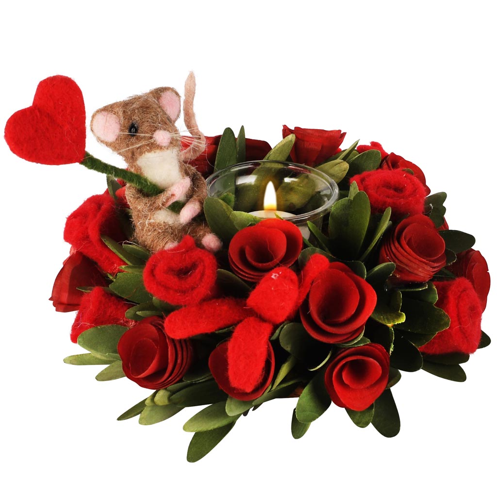 Dekoratief | Tafelstukje m/rozen/muisje, rood, naturel/pvc, 22x22x14cm | A260071