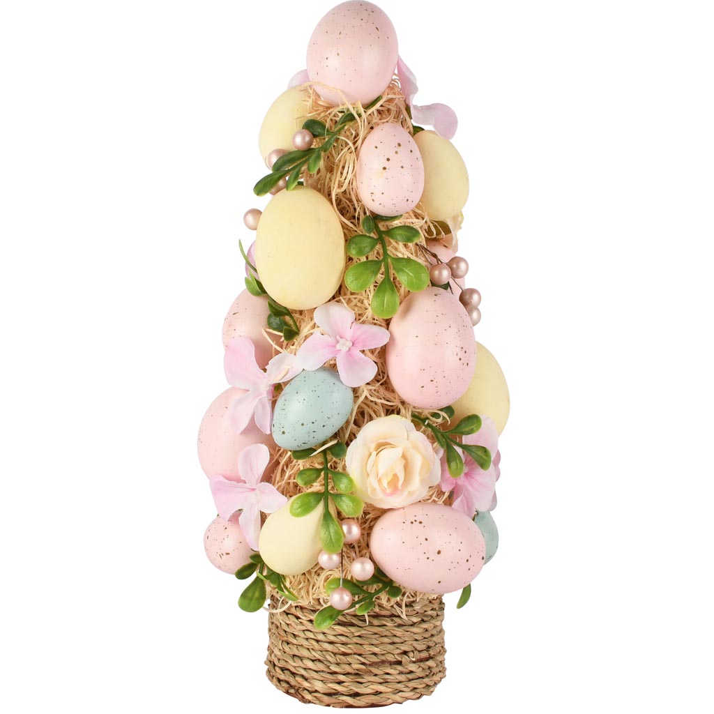 Dekoratief | Kegel vorm m/eitjes, geel/roze, pvc/naturel, 14x14x32cm | A260064
