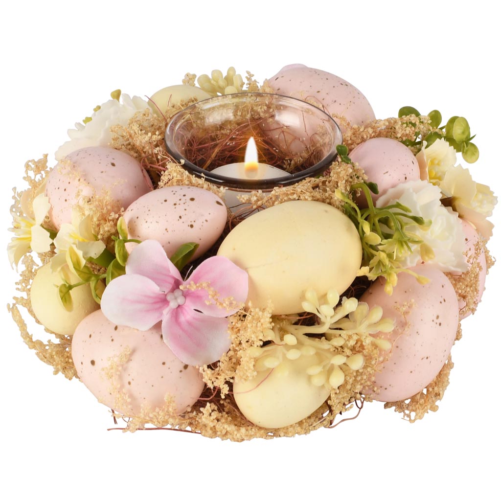 Dekoratief | Tafelstukje m/eitjes, geel/roze, pvc/naturel, 19x19x9cm | A260063