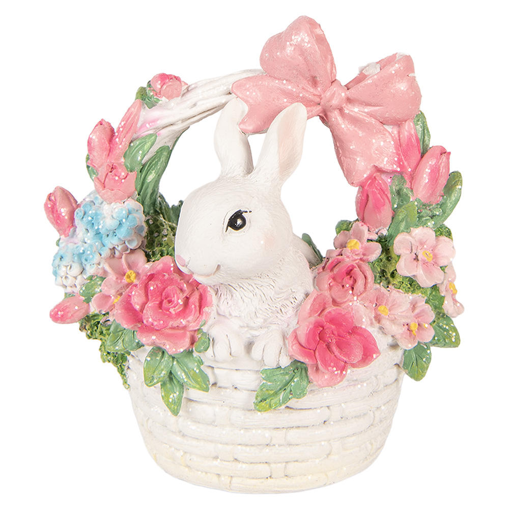 Clayre & Eef | Decoratie Konijn in mandje Wit Roze 15x9x16 cm | 6PR6068