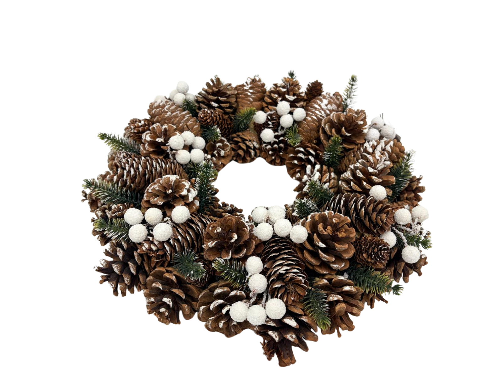 Kerststuk krans tafelstuk 34 cm dennenappels groen wit bruin | 712111