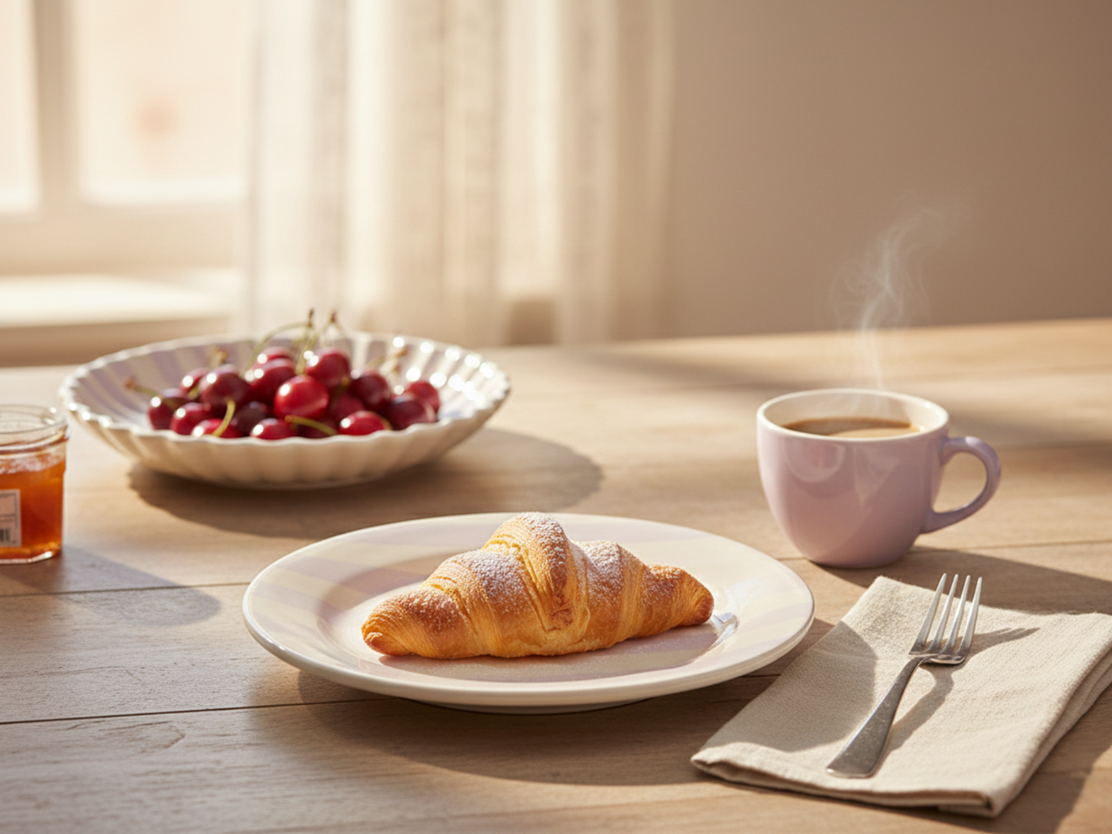 Ontbijtbord Fruity Cherry &ndash; Lila/Wit Gestreept &ndash; Aardewerk &ndash; &oslash; 20 cm - Dishes & Deco