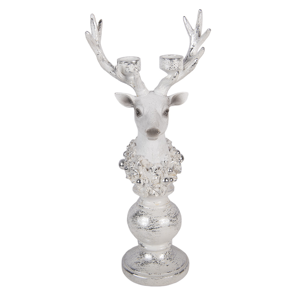 Clayre & Eef | Kandelaar Rendier Wit Zilverkleurig 17x11x38 cm | 6PR6307