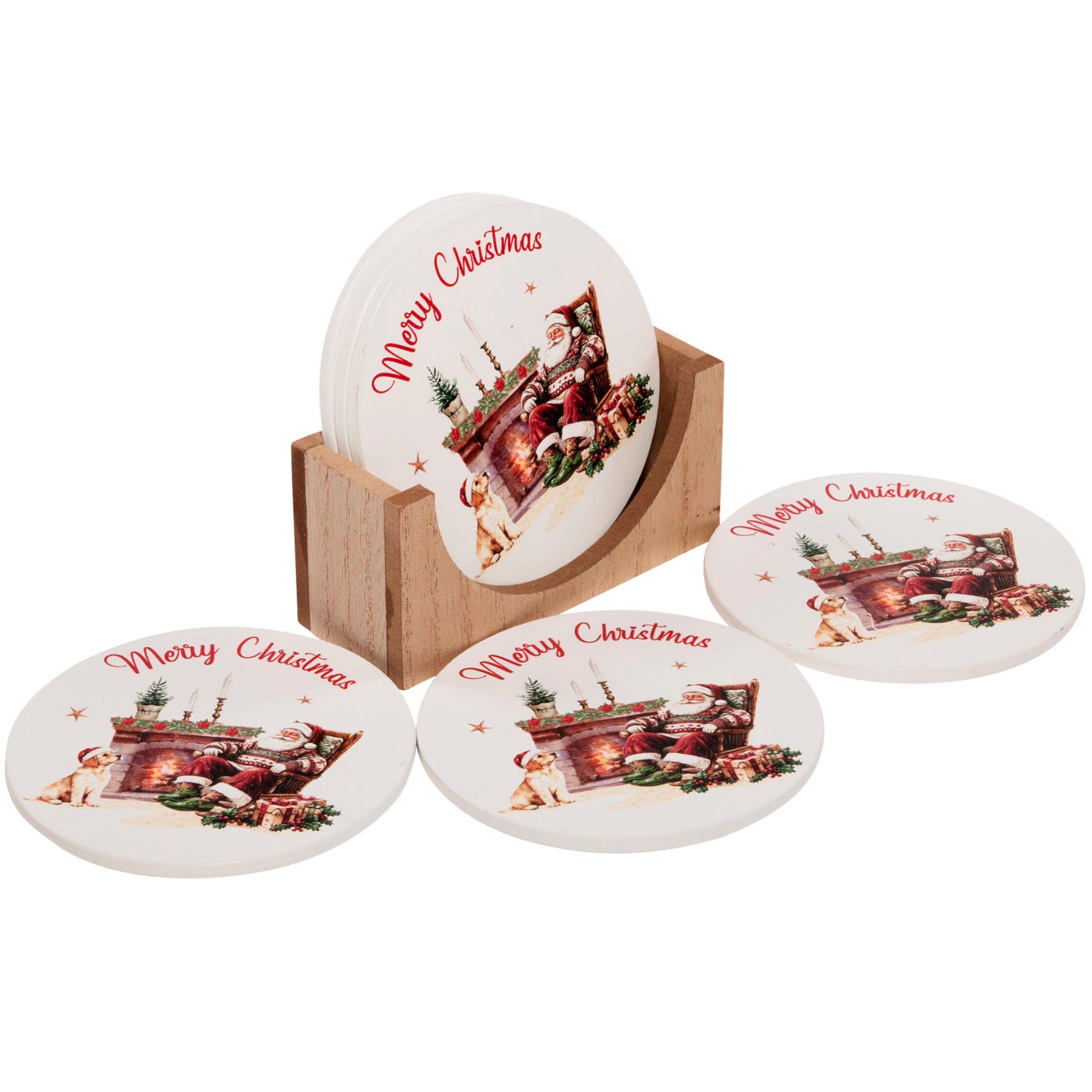 Dekoratief | Set 4 coasters 'Fireplace Santa', wit/rood, hout, 10x10cm | A269031