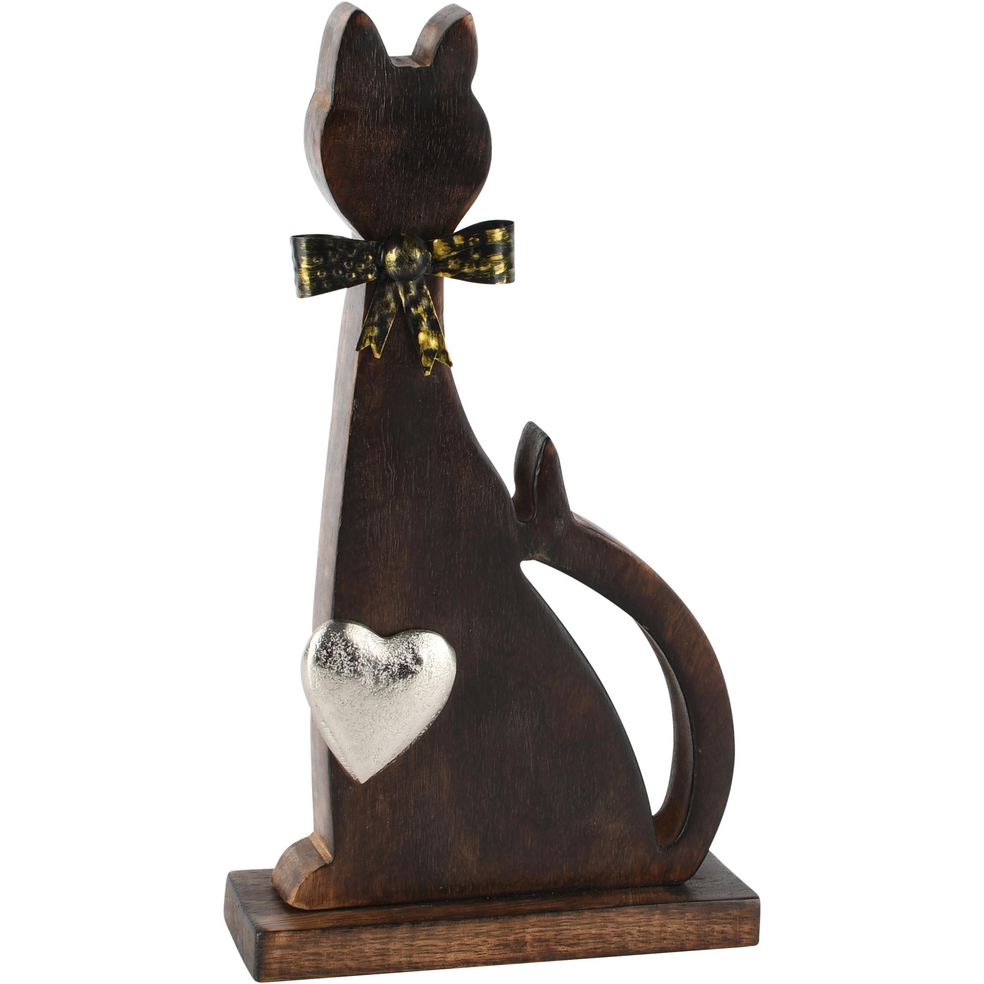 Dekoratief | Deco poes m/hartje/strikje, naturel/zilver, hout, 16x5x28cm | A268225