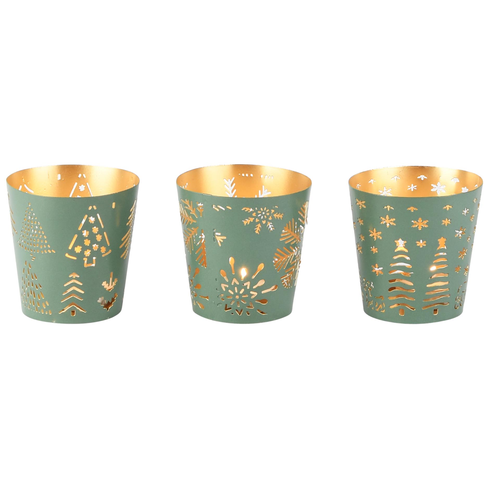 Dekoratief | Theelichthouder 'Winter', groen/goud, metaal, 8x6x8cm, set van 3 stuks | A268196