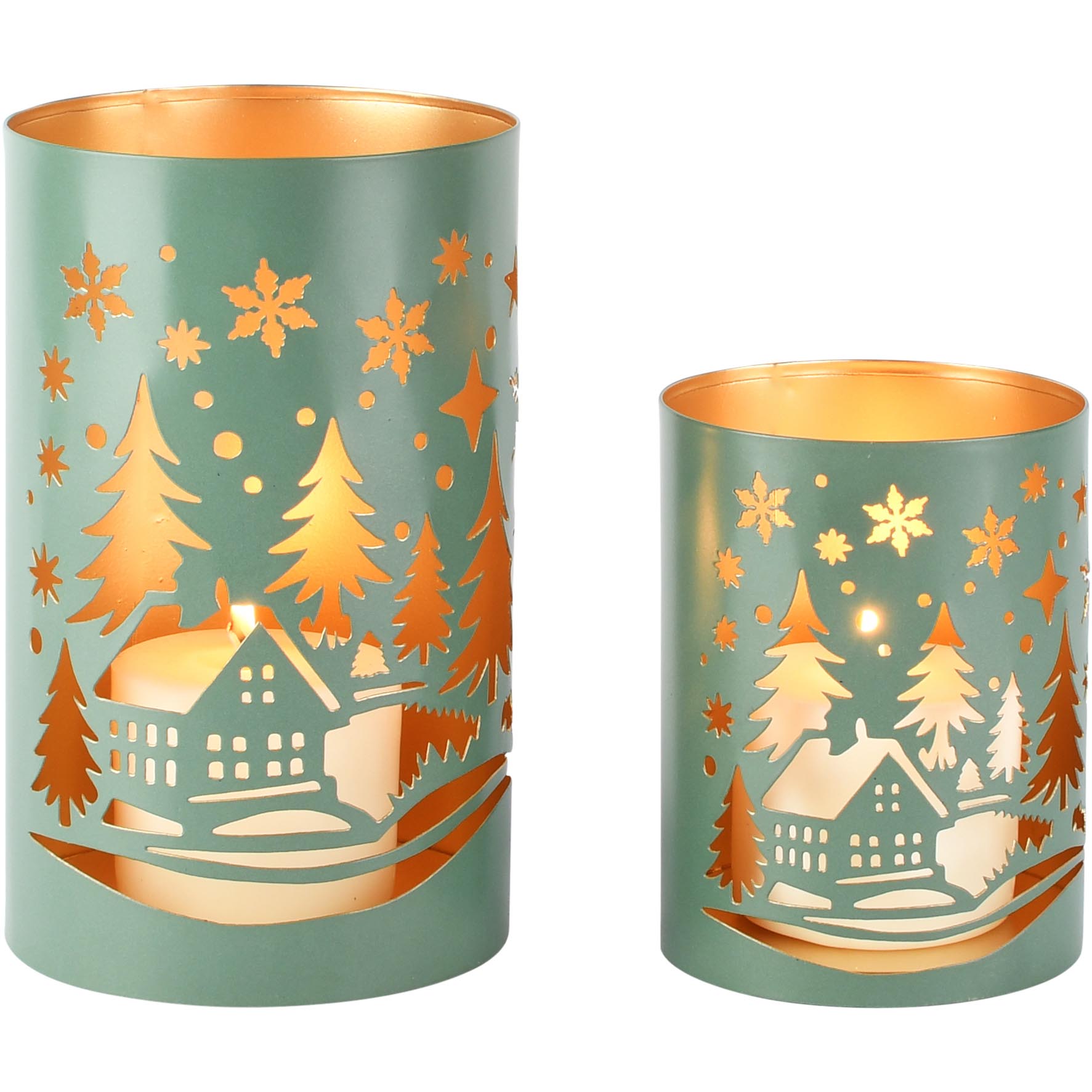 Dekoratief | Set 2 Waxinelichthouders 'Winter Village', groen/goud, metaal, 12x12x20cm | A268190