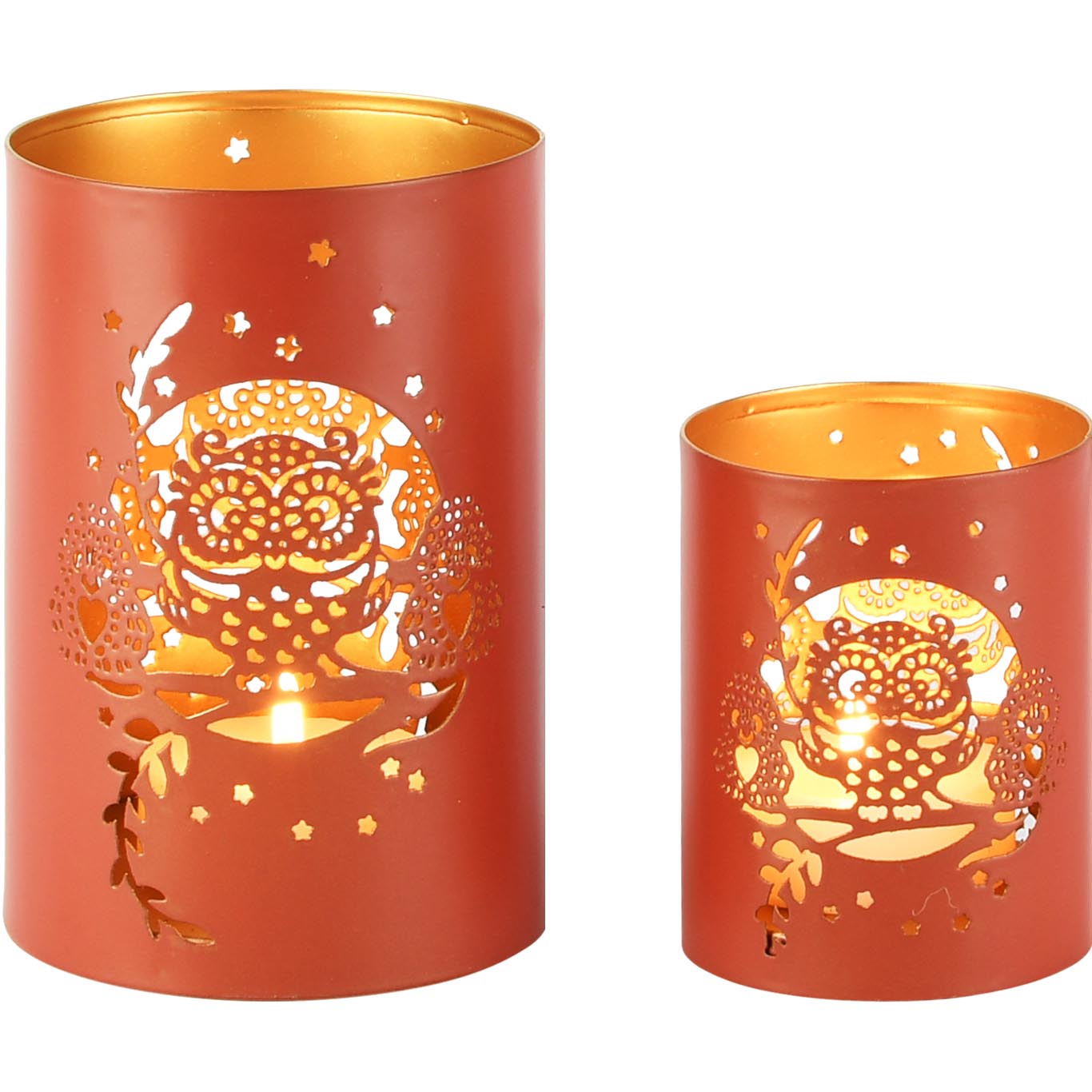 Dekoratief | Set 2 Waxinelichthouders 'Night Owl', terra/goud, metaal, 10x10x15cm | A268183