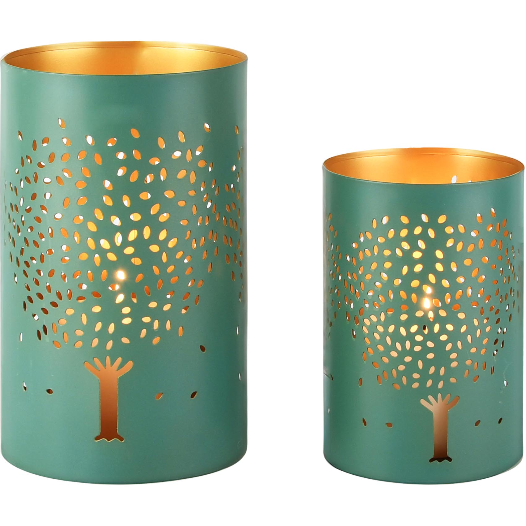 Dekoratief | Set 2 Waxinelichthouders 'Seasons Tree', groen/goud, metaal, 12x12x20cm | A268178