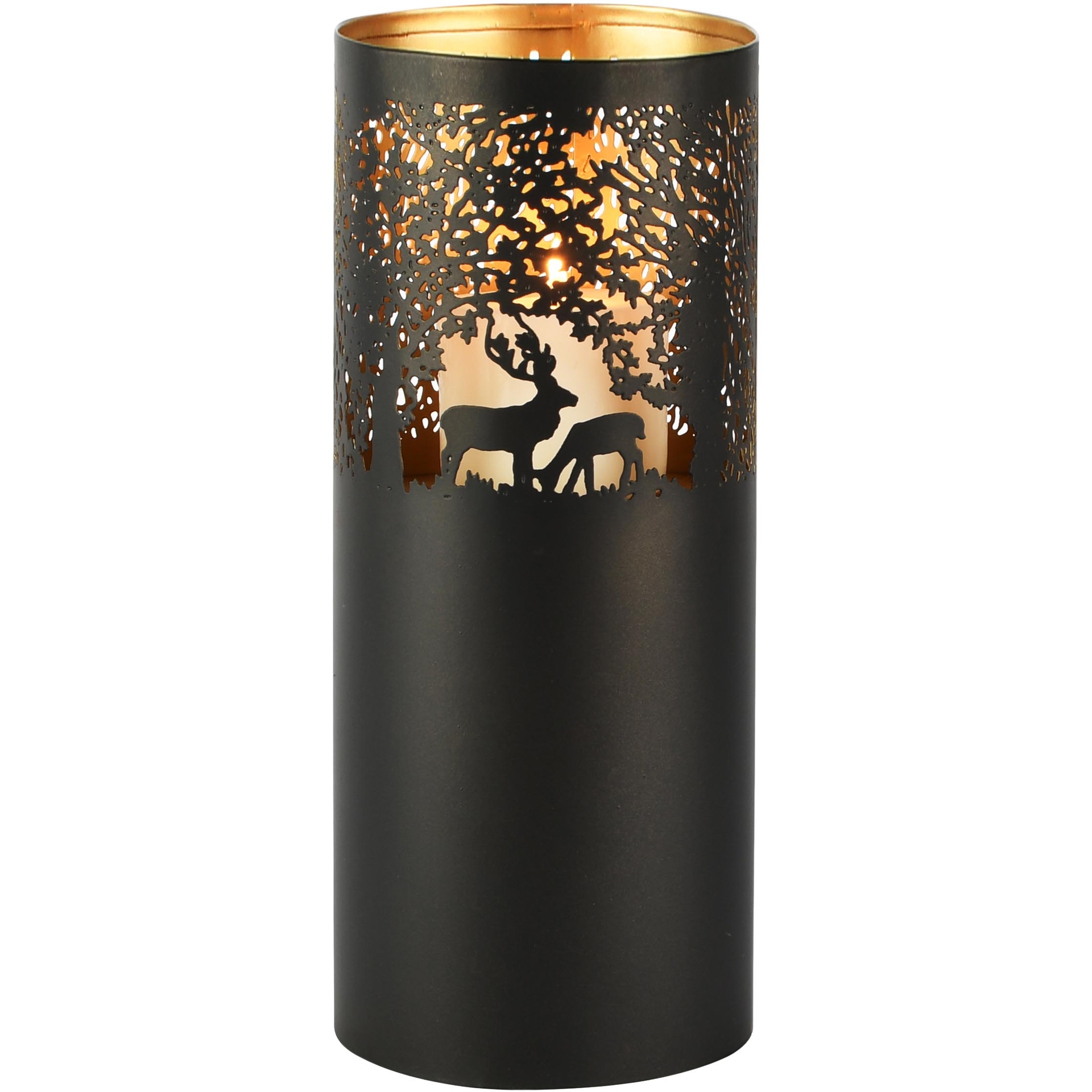 Dekoratief | Waxinelichthouder 'Wild Deer', zwart/goud, metaal, 13x13x30cm | A268174