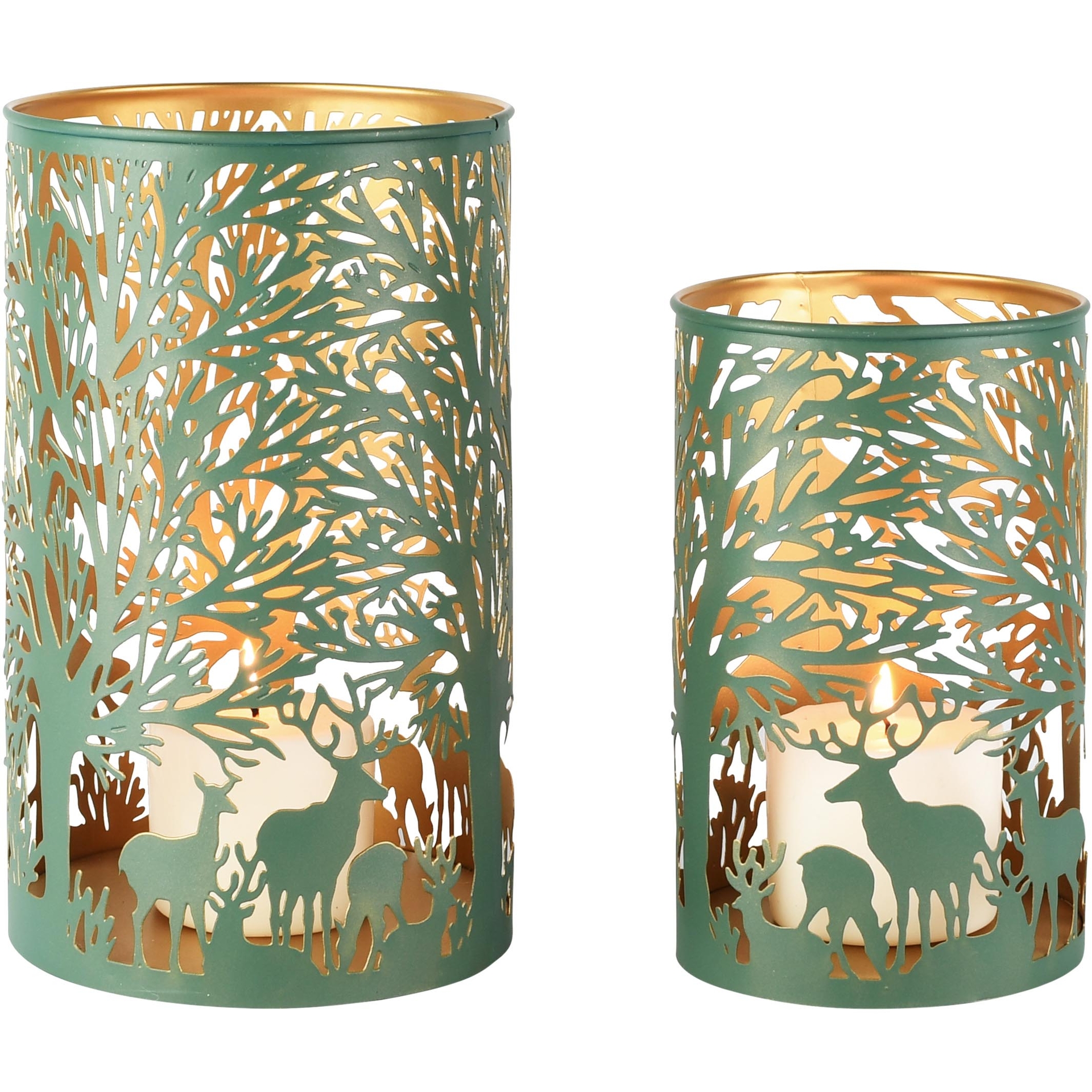Dekoratief | Set 2 Waxinelichthouders 'Deer Forest', groen/goud, metaal, 15x15x25cm | A268173