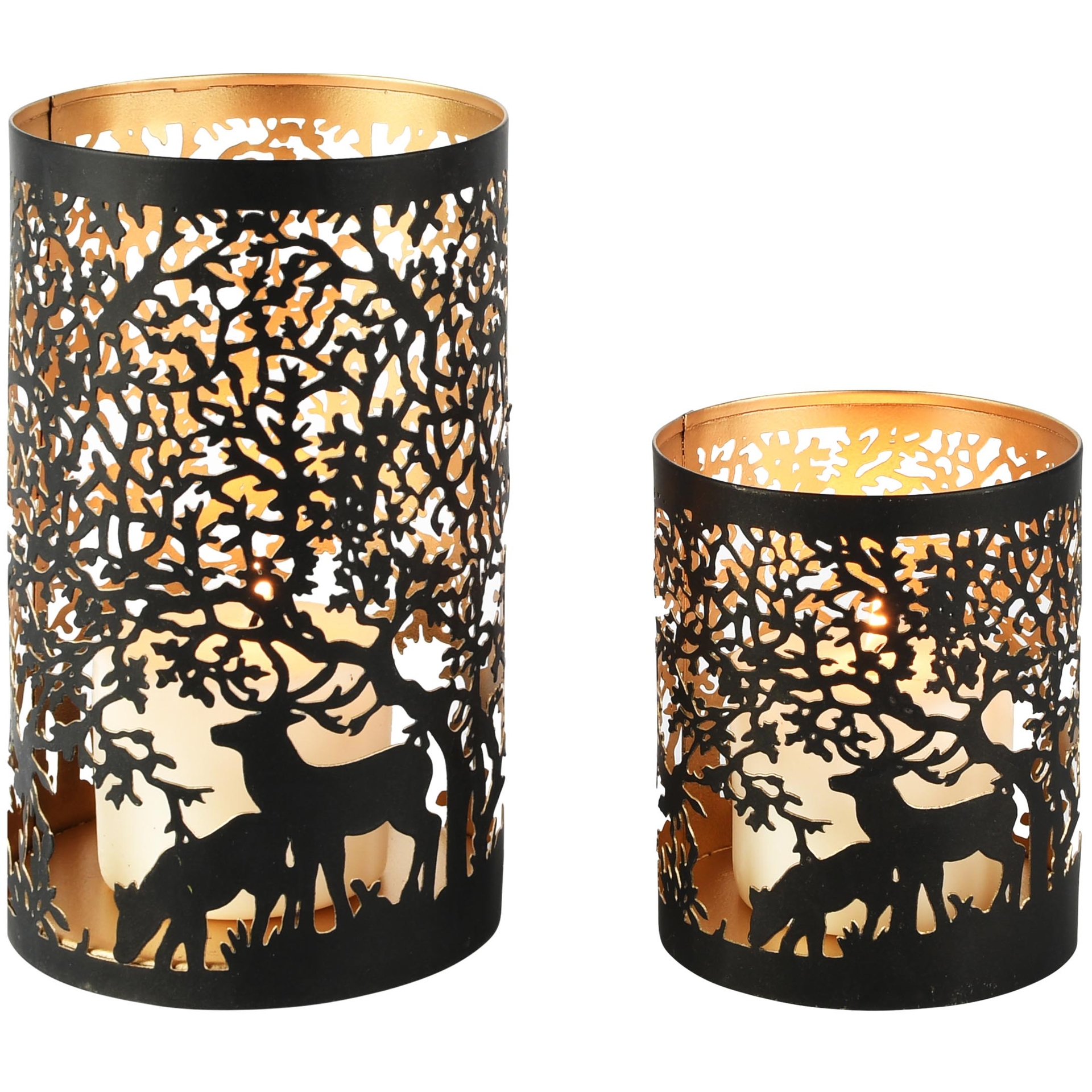 Dekoratief | Set 2 Waxinelichthouders 'Woodland Reindeer', zwart/goud, metaal, 12x12x20cm | A268076