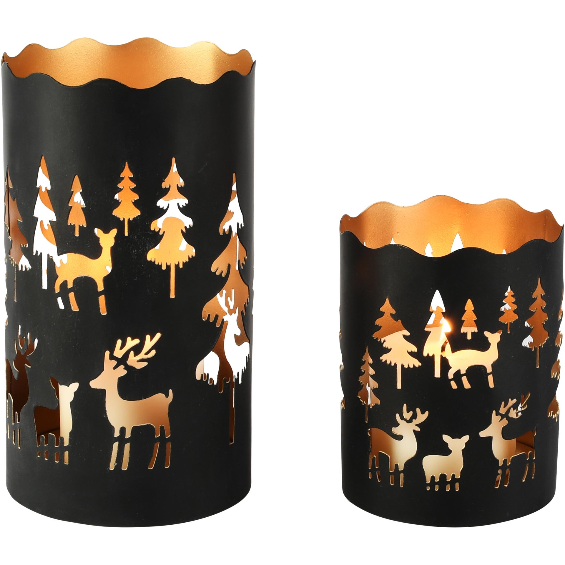 Dekoratief | Set 2 Waxinelichthouders 'Reindeer Forest', zwart/goud, metaal, 12x12x20cm | A268075