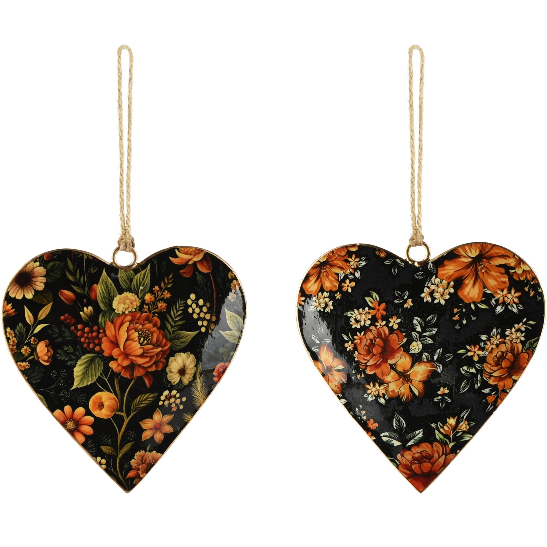 Dekoratief | Hanger hart m/bloemen, zwart/oranje, metaal, 10x1x10cm, set van 2 stuks | A268066