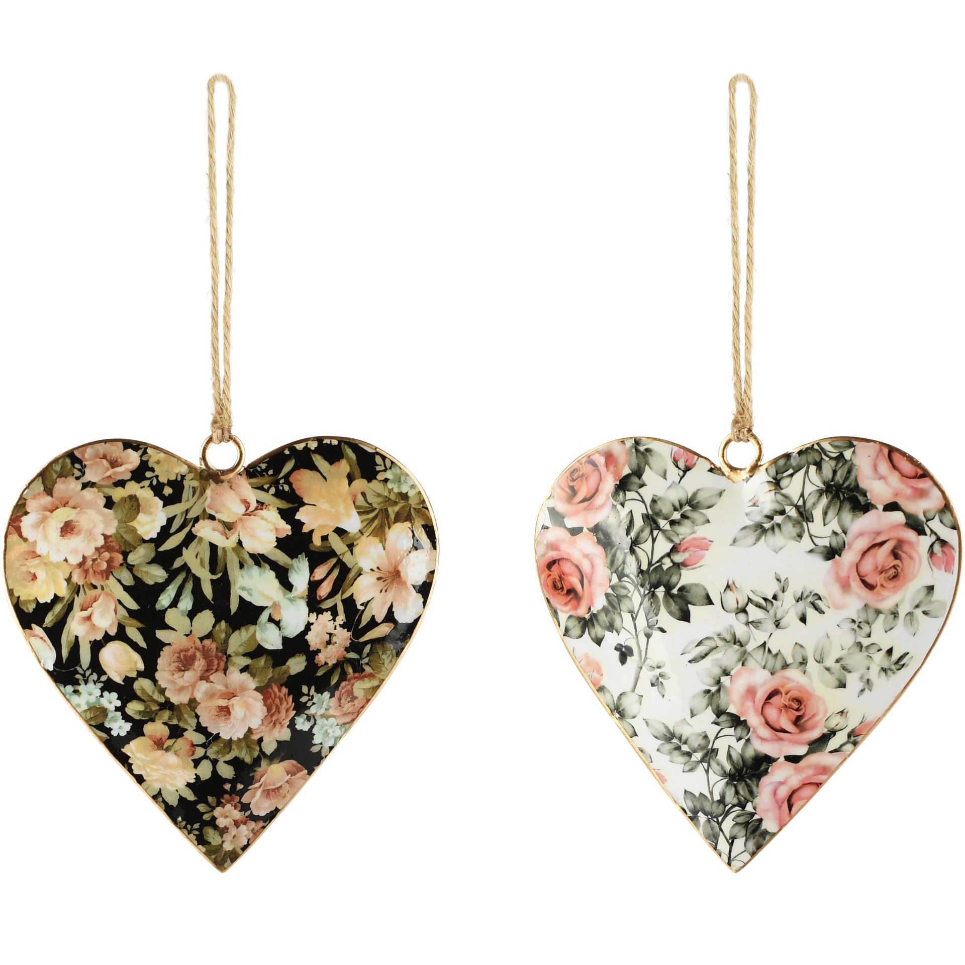 Dekoratief | Hanger hart m/bloemen, zwart/wit/roze, metaal, 10x1x10cm, set van 2 stuks | A268065