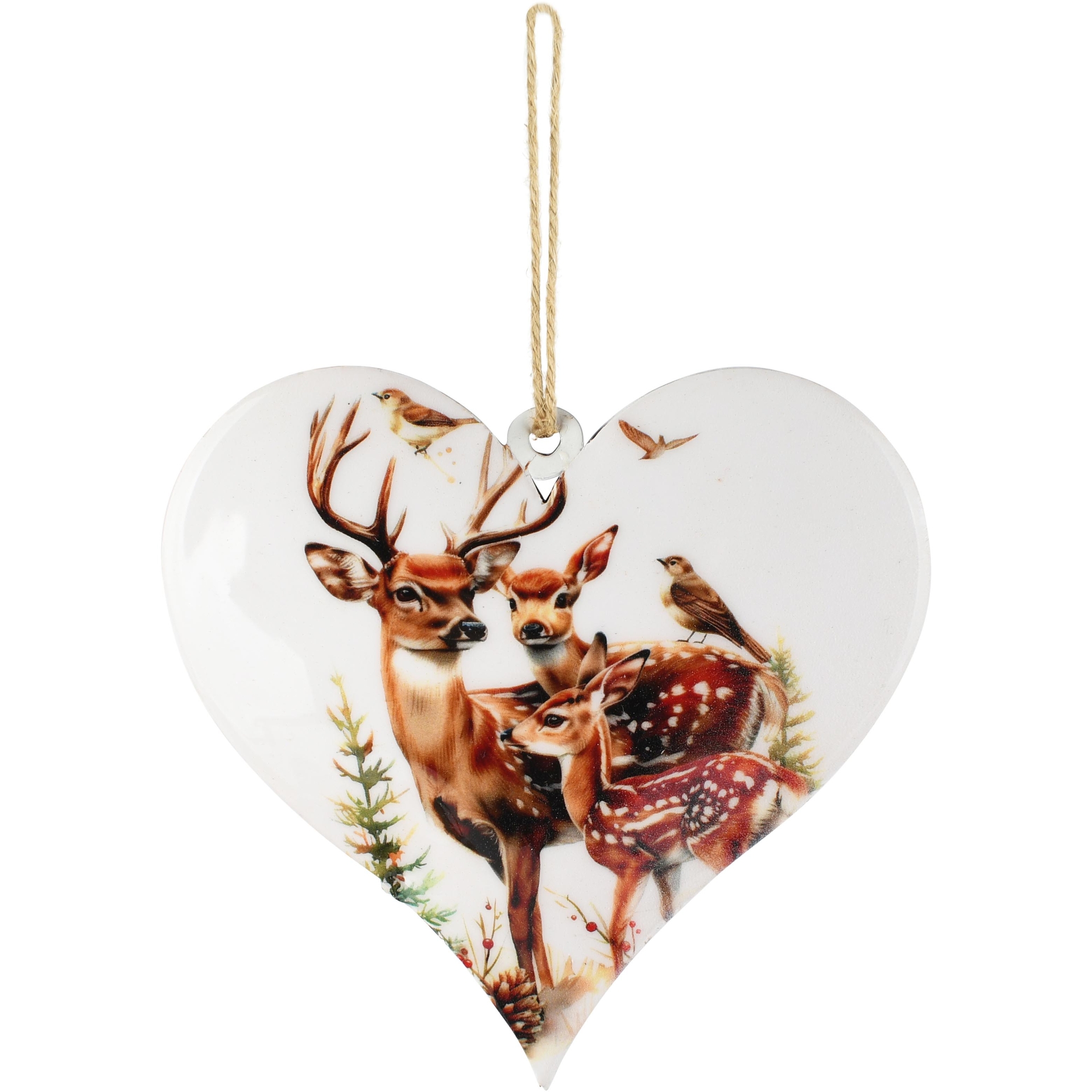 Dekoratief | Hanger hart 'Reindeer Family', wit/bruin, metaal, 11x1x10cm | A268045
