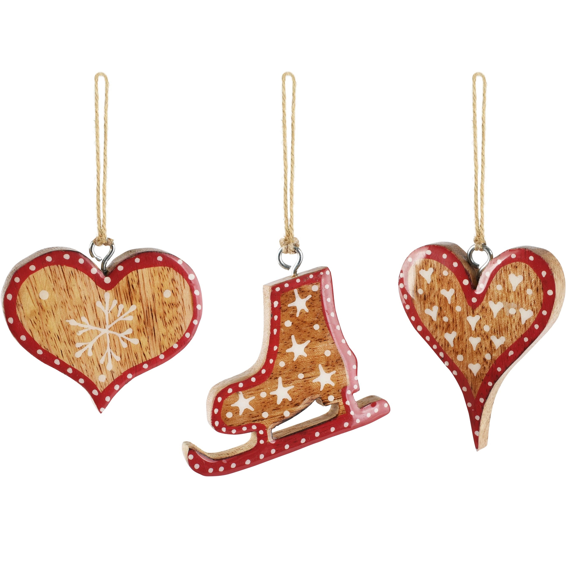 Dekoratief | Hanger schaats/hart, naturel/rood, hout, 8x1x6cm, set van 3 stuks | A268034