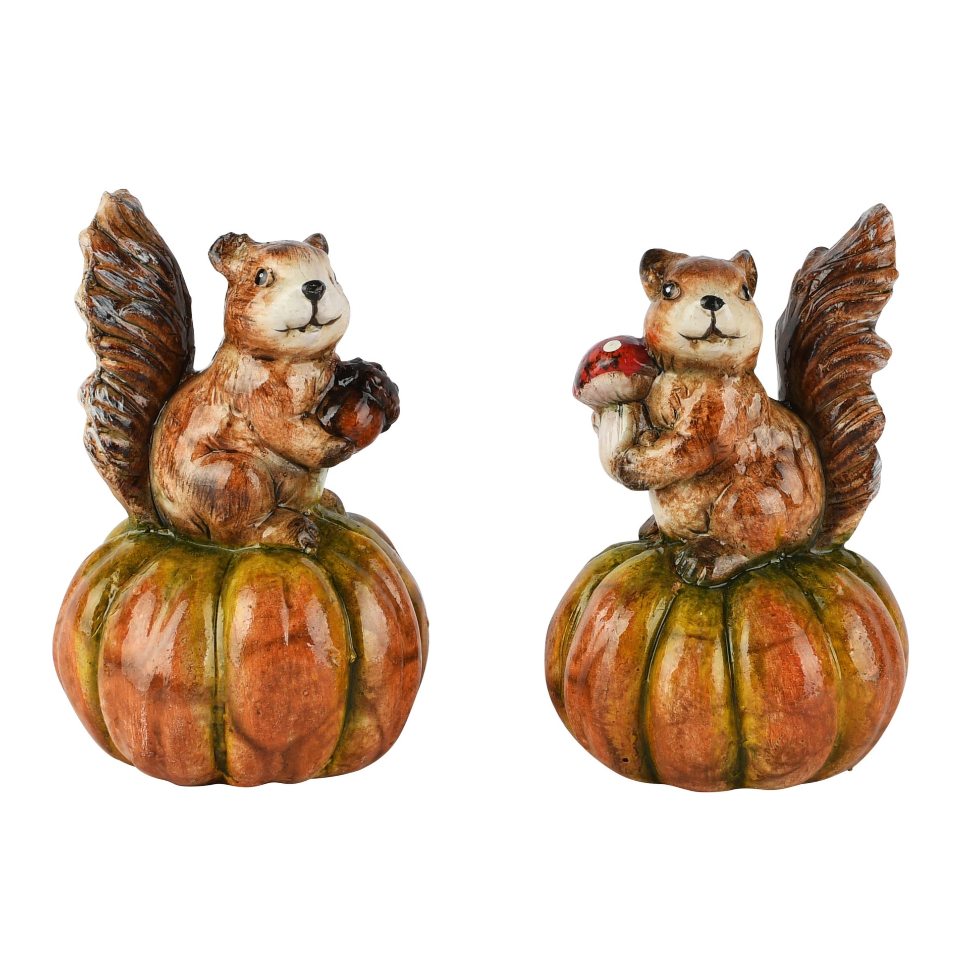 Dekoratief | Eekhoorn op pompoen, keramiek, 7x7x11cm, set van 2 stuks | A265041