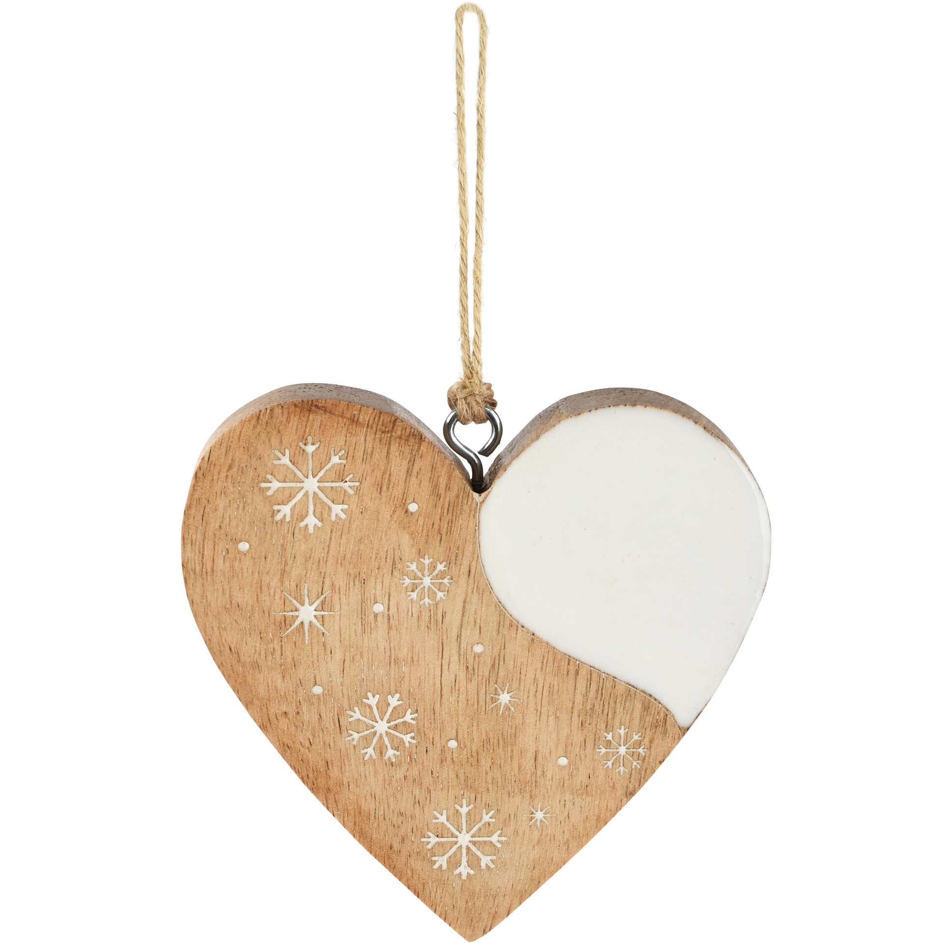 Dekoratief | Hanger hart m/sneeuwvlokjes, naturel/wit, hout, 11x1x11cm | A268026