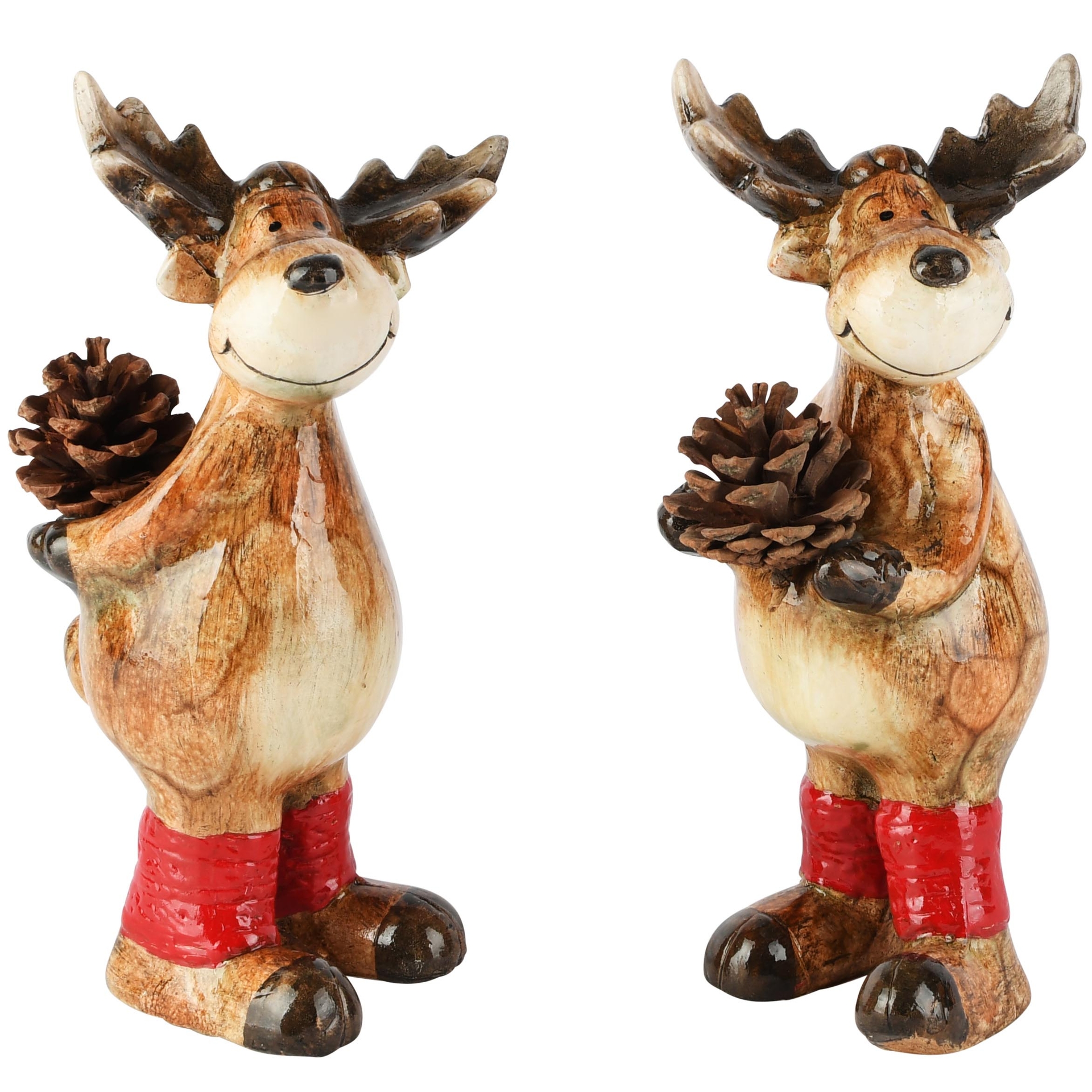 Dekoratief | Rendier m/dennenappel, bruin, keramiek, 11x11x21cm, set van 2 stuks | A265046