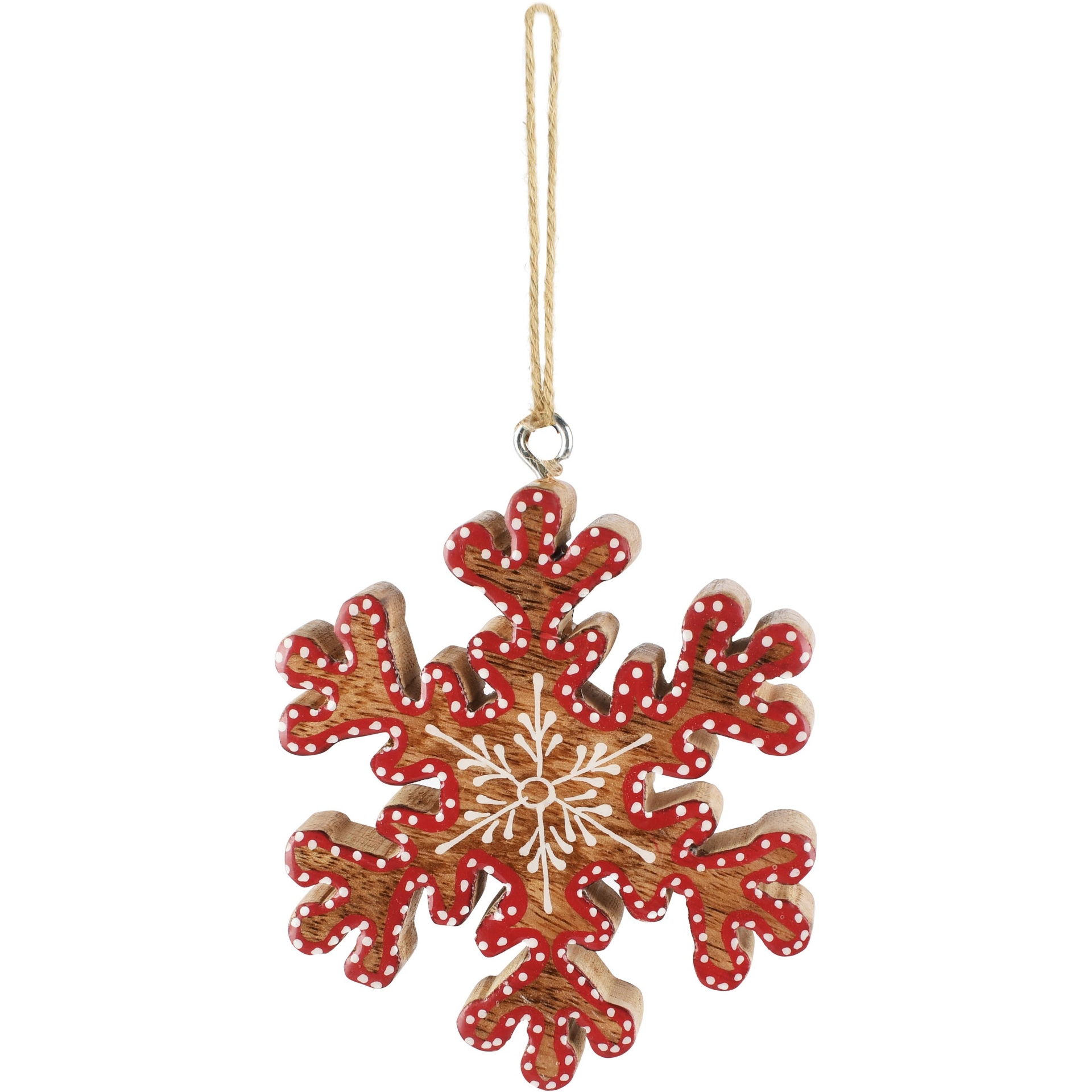 Dekoratief | Hanger sneeuwvlokje, naturel/rood, hout, 10x2x10cm | A268022