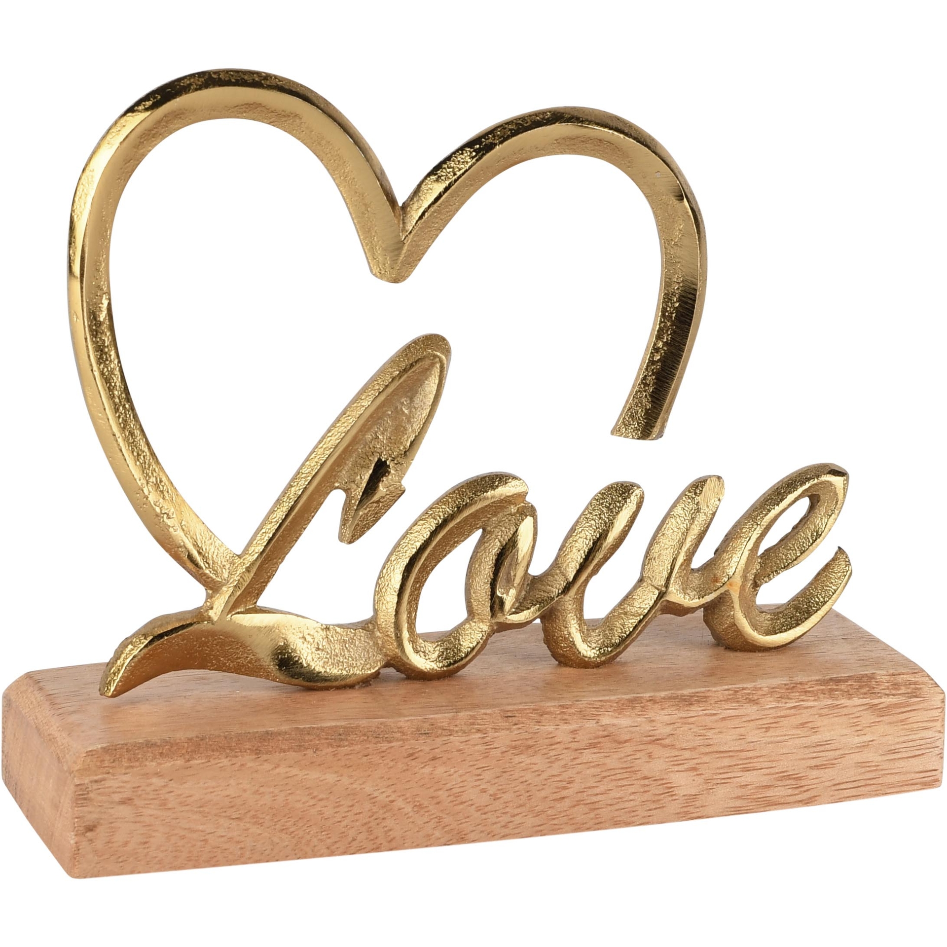 Dekoratief | Deco hart 'Love' op voet, goud/naturel, metaal/hout, 16x5x14cm | A268015