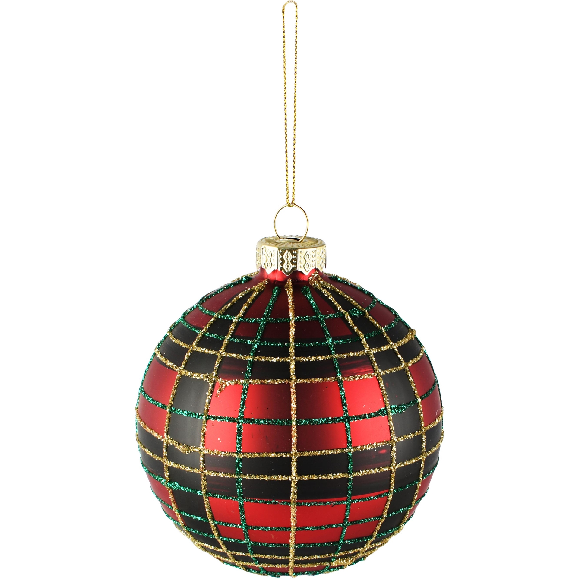 Dekoratief | Hanger bal m/ruitjes, rood/groen/goud, glas, 8x8x8cm | A265992