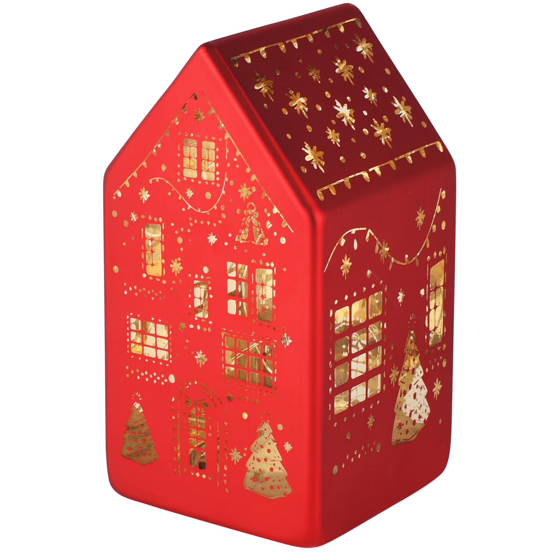 Dekoratief | Deco huis, rood/goud, glas, LED, 9x9x17cm | A265970