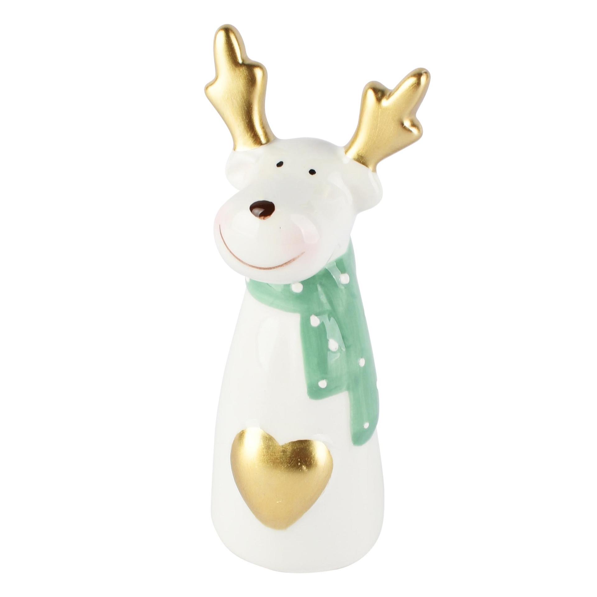 Dekoratief | Deco rendier m/hartje, wit/groen/goud, dolomiet, 5x5x13cm | A265962