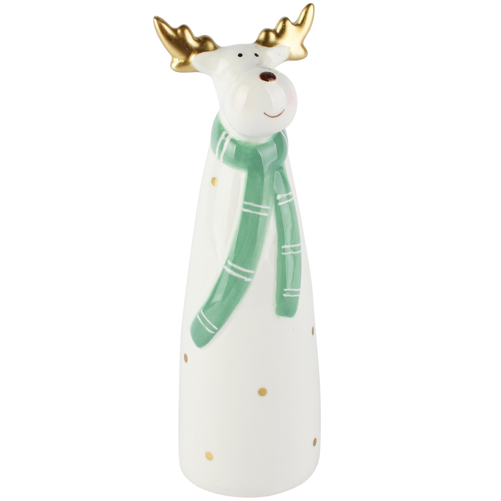 Dekoratief | Deco rendier m/sjaaltje, wit/groen/goud, dolomiet, 7x6x19cm | A265961