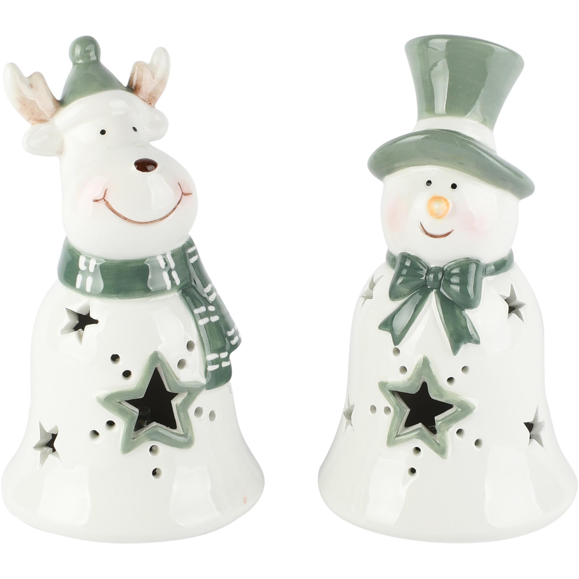 Dekoratief | Rudolf/sneeuwman, wit/groen, dolomiet, LED, 8x8x13cm, set van 2 stuks | A265958