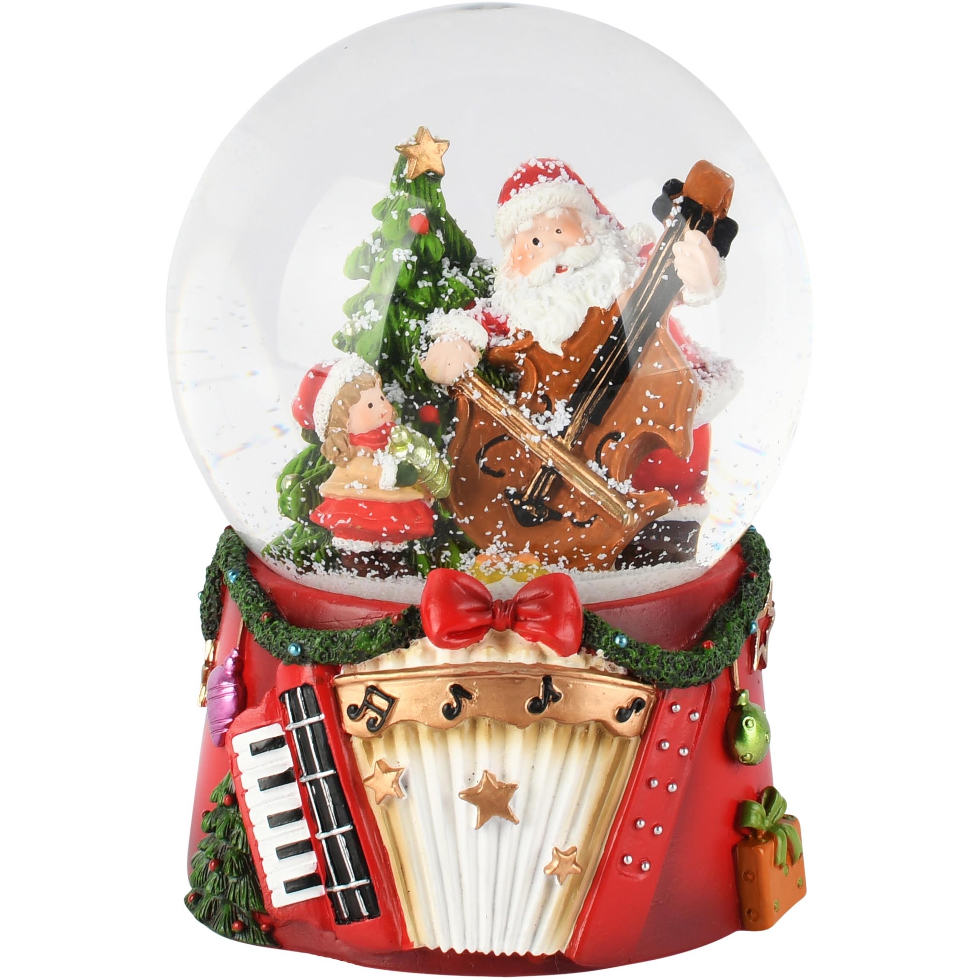 Dekoratief | Waterbol muziekdoos santa m/instrument, resina/glas, 12x12x14cm | A265946
