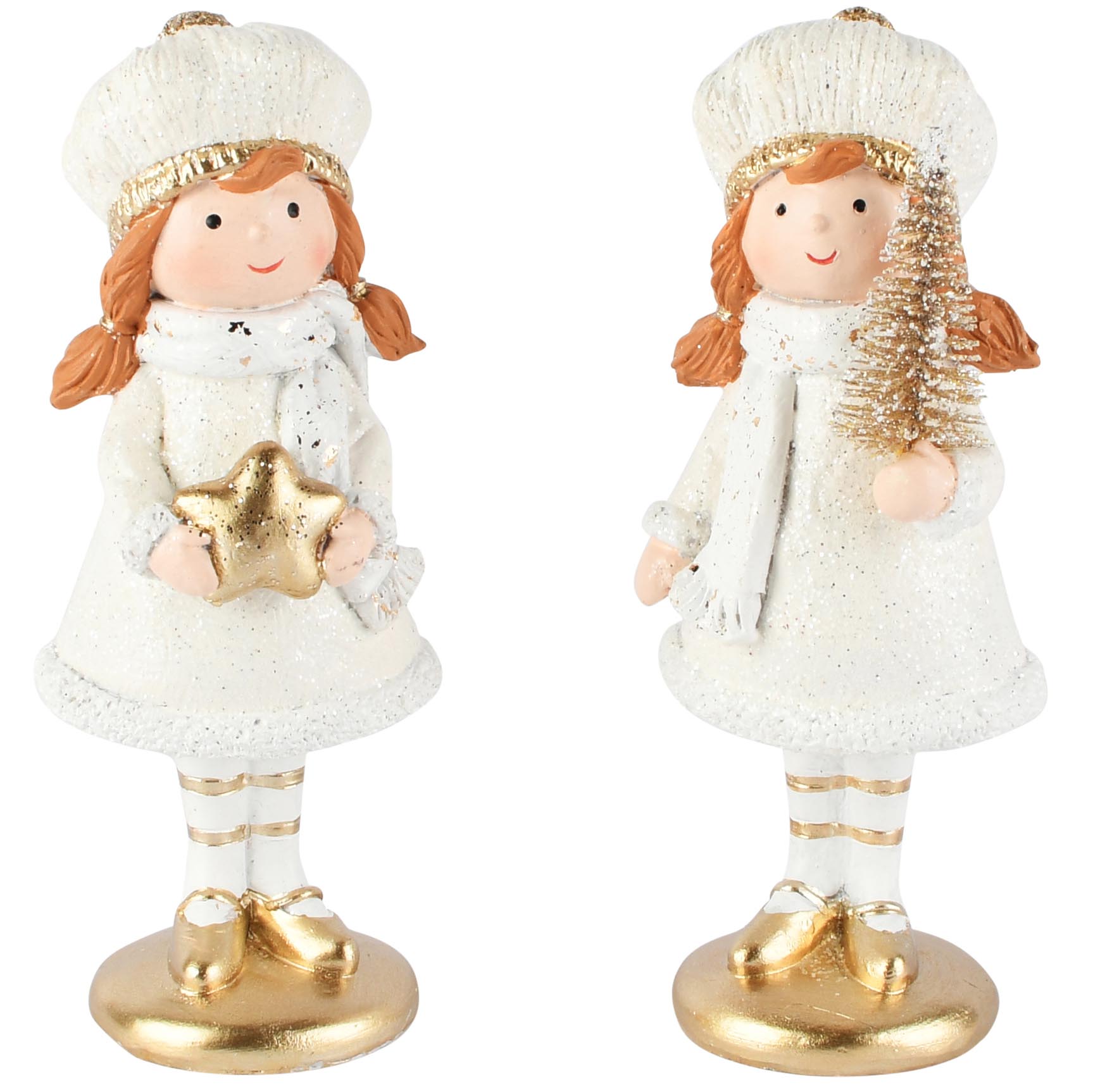 Dekoratief | Winterkindje m/boompje/ster, goud/wit, resina, 6x5x15cm, set van 2 stuks | A265936