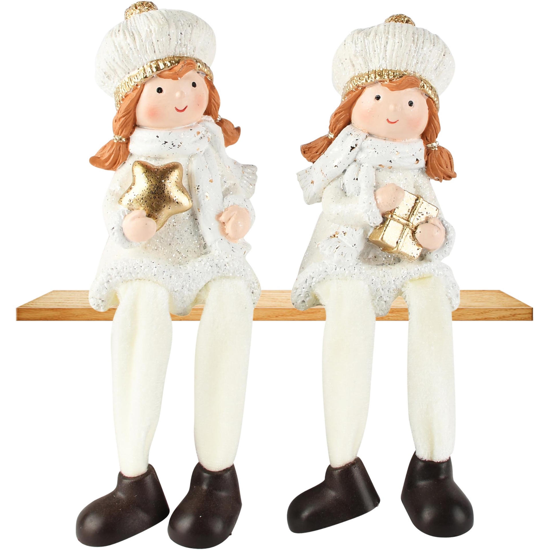 Dekoratief | Winterkindje m/hangbenen, wit/goud, resina, 7x6x10cm, set van 2 stuks | A265937