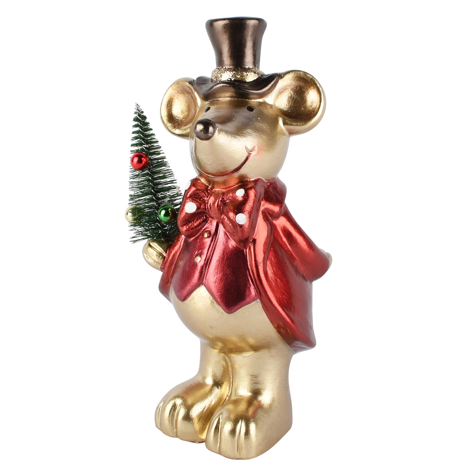 Dekoratief | Muis m/boompje, goud/rood, TC, 9x9x18cm | A265921