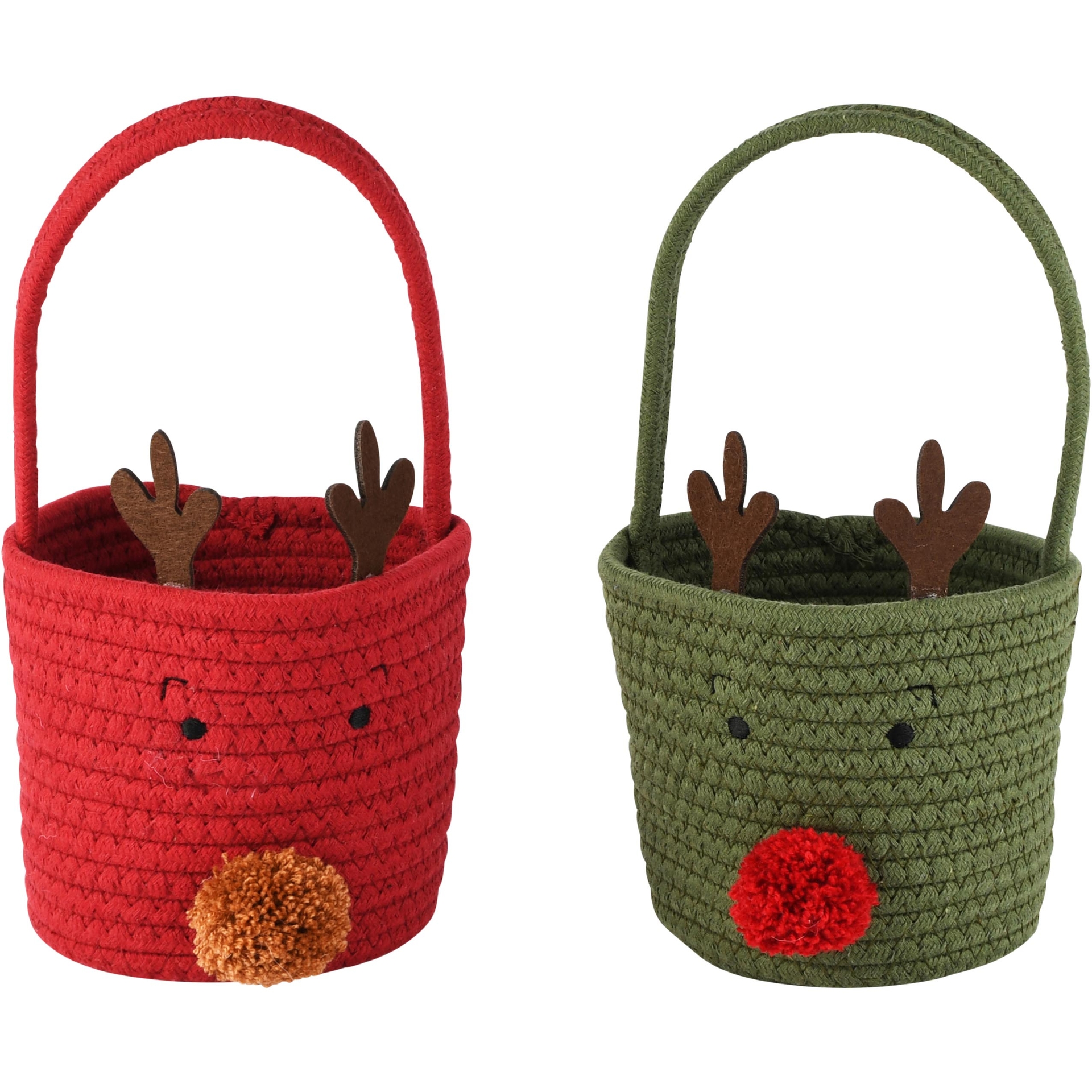 Dekoratief | Mandje rendier m/gewei, rood/groen, katoen, 15x15x17cm, set van 2 stuks | A265906